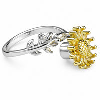 Sunflower Adjustable Open Ring Two Tone Floral Statement Ring with Yellow 1585