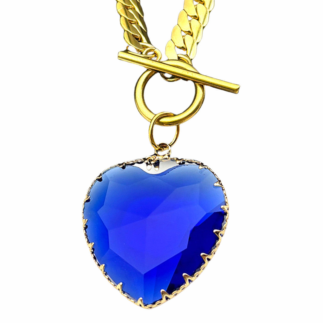 Royal Blue Heart Pendant Necklace Toggle Chain Statement Collar Necklace 1331
