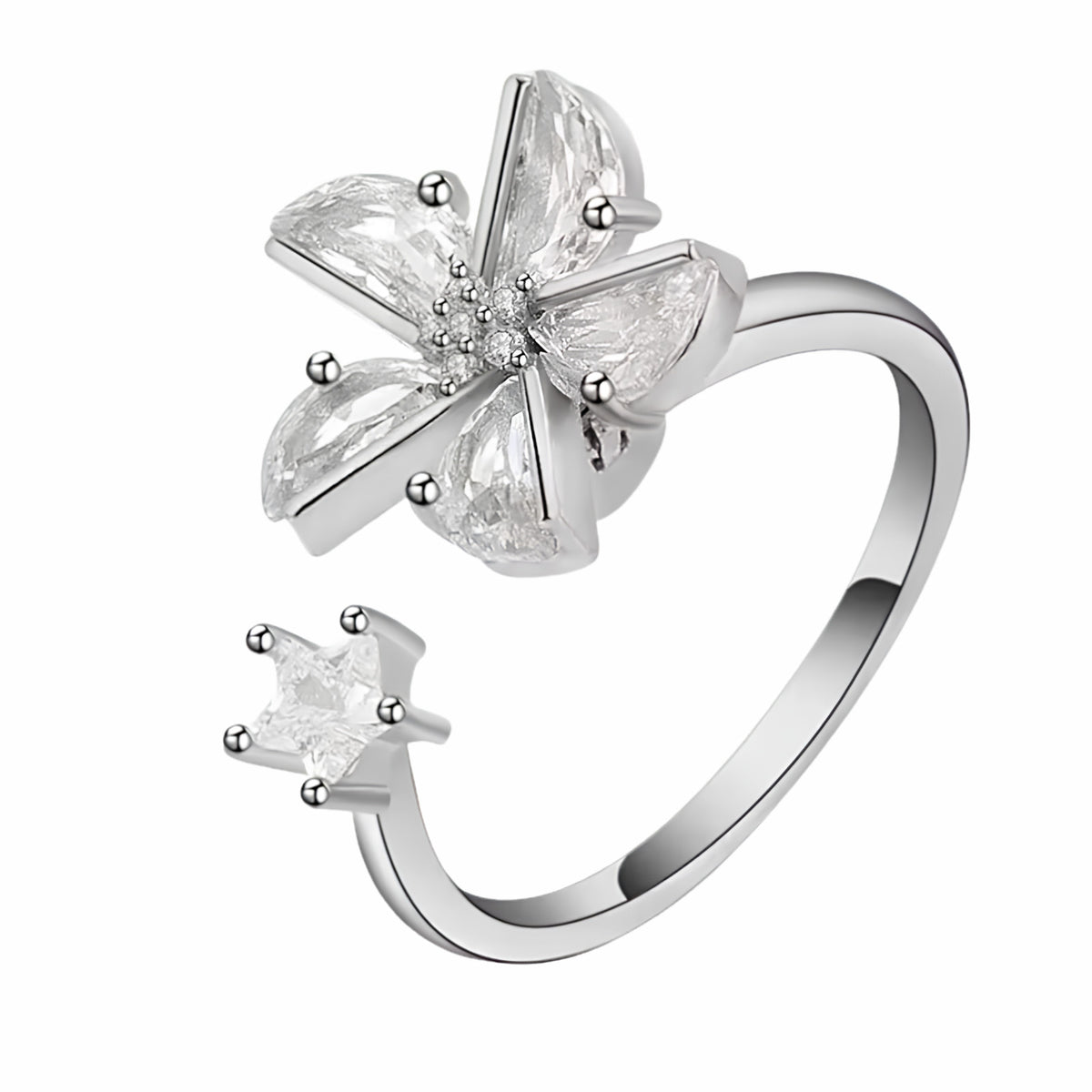 Deluxe Sparkling Four Leaf Clover Spinner Ring Rotating Zirconia Adjustable 1524