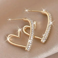 Gold Heart Earrings Zircons, Trendy Elegant Geometric Heart-Shaped Earrings 555