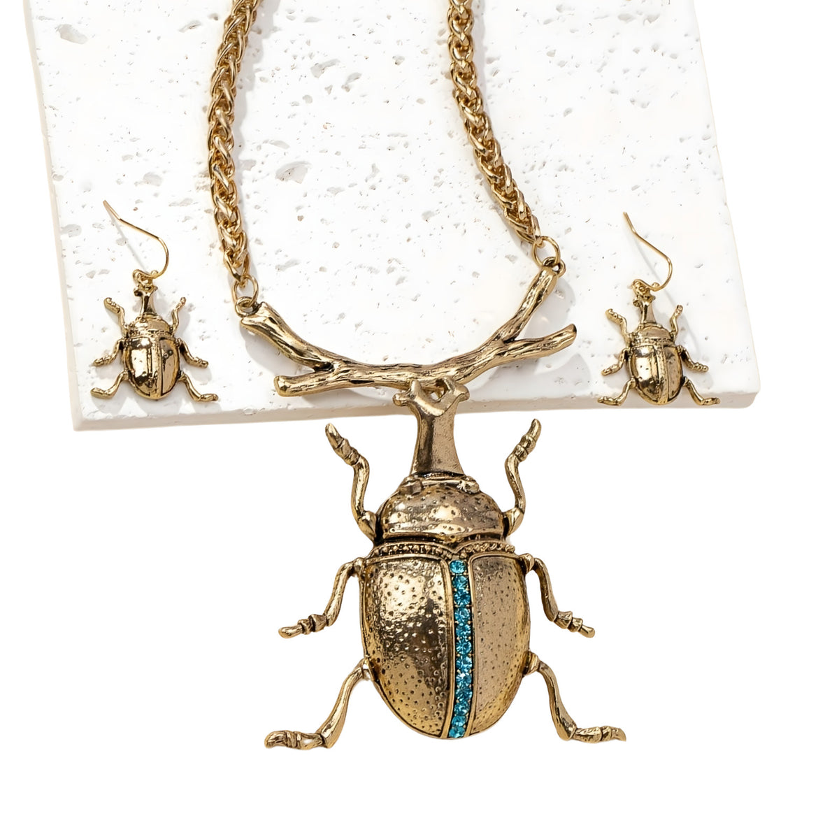 Gold Beetle Necklace and Earrings Set - Vintage Punk Insect Jewelry Zurcon 753