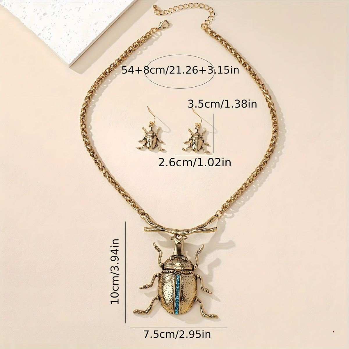 Gold Beetle Necklace and Earrings Set - Vintage Punk Insect Jewelry Zurcon 753