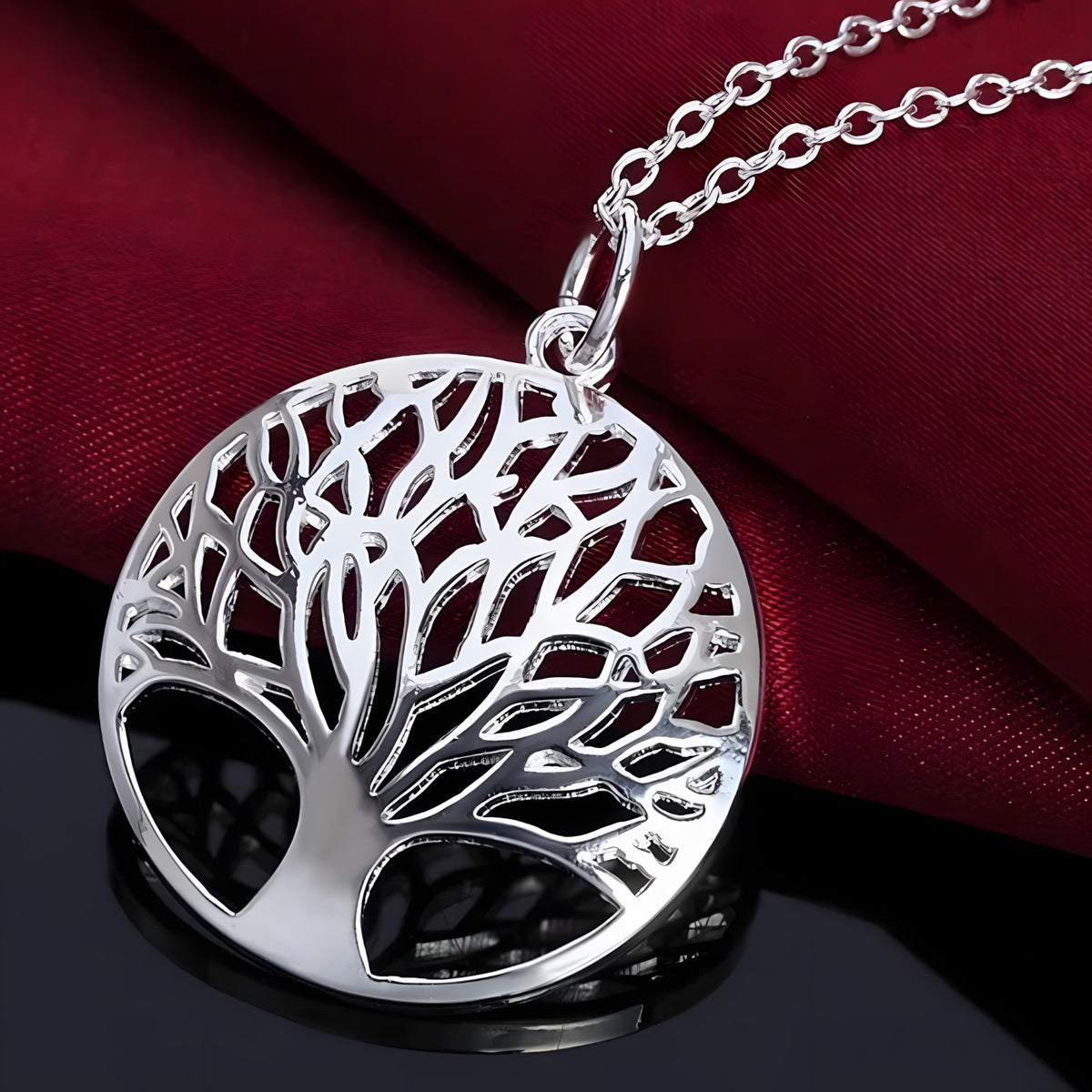 Stainless Steel Tree of Life Necklace for Women – Silver Round Pendant 1100
