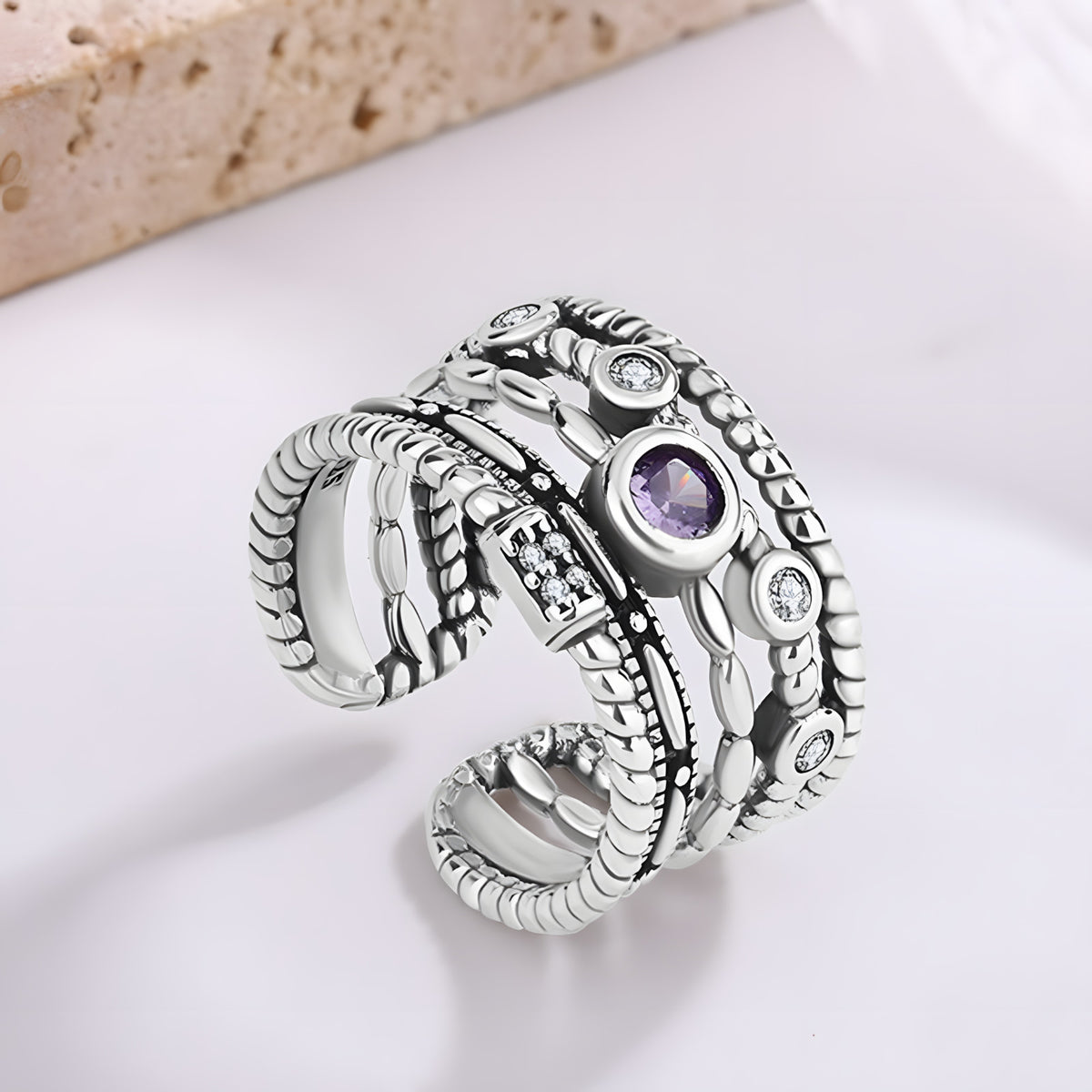 Adjustable Boho Ring For Women, Silver Colour Open Cuff Ring Purple Crystal B346