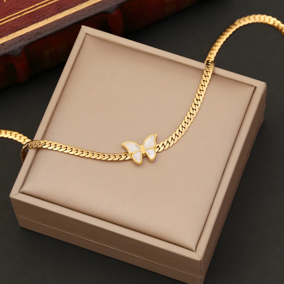 304 Stainless Steel Gold Butterfly Necklace for Women – Elegant White Enamel 756