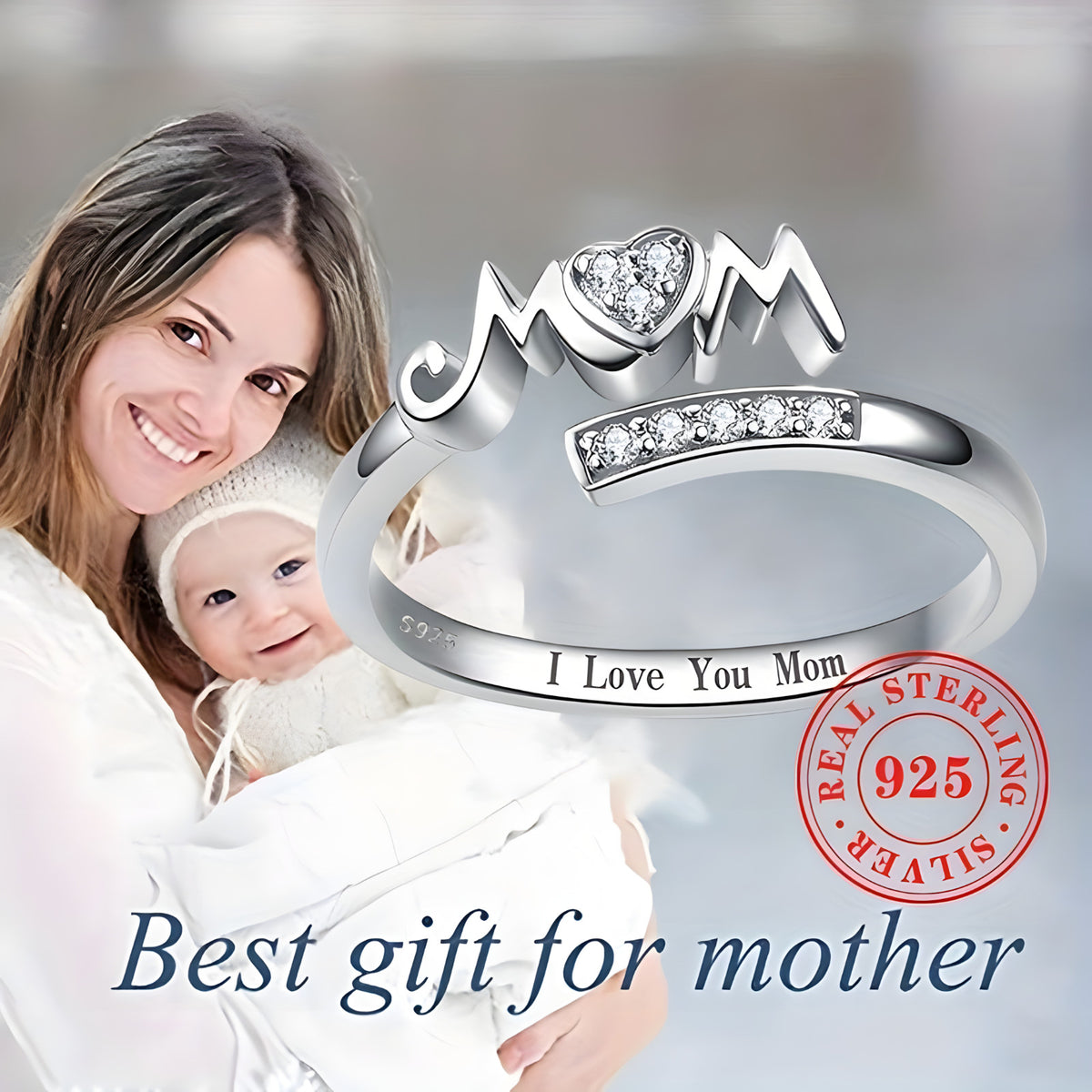 Sterling Silver 925 Adjustable Ring, "I Love You Mom" Jewelry Gift 531