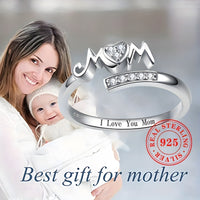 Sterling Silver 925 Adjustable Ring, "I Love You Mom" Jewelry Gift 531