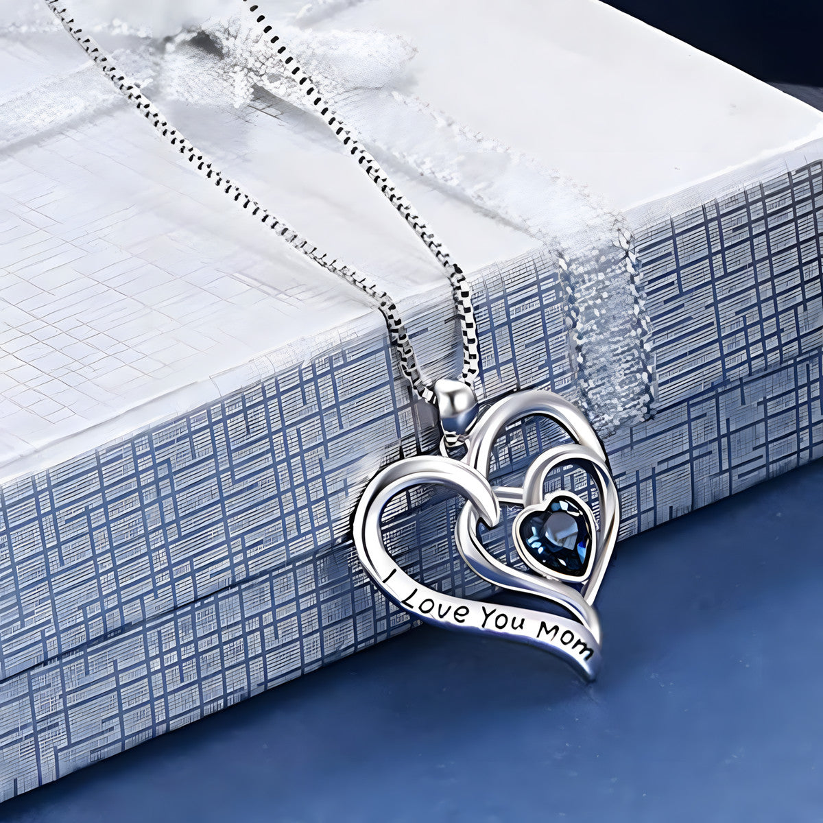 Double Heart Necklace For Women Love You Mom Pendant Blue Heart Crystal 1314