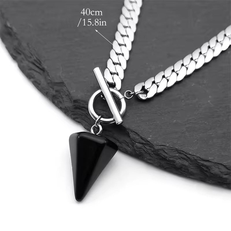Black Cone Pendant Necklace 40cm Cuban Chain Toggle Clasp Gothic Minimalist 1326
