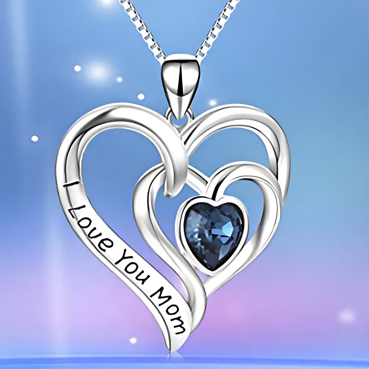 Double Heart Necklace For Women Love You Mom Pendant Blue Heart Crystal 1314