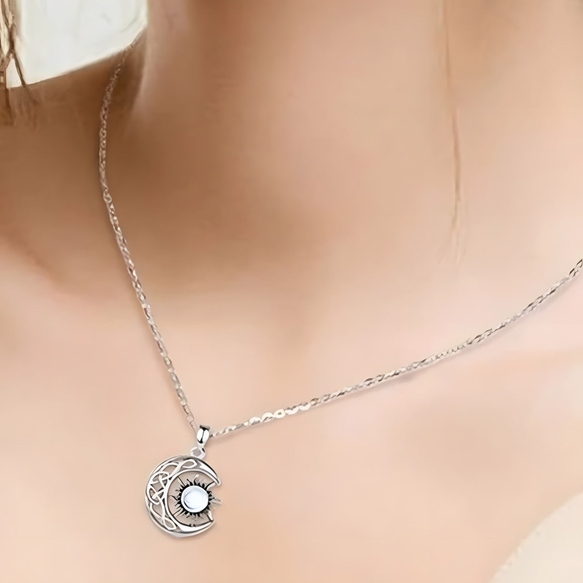 Celtic Crescent Moon Sun Pendant Necklace for Women – Copper Alloy Moon 1094