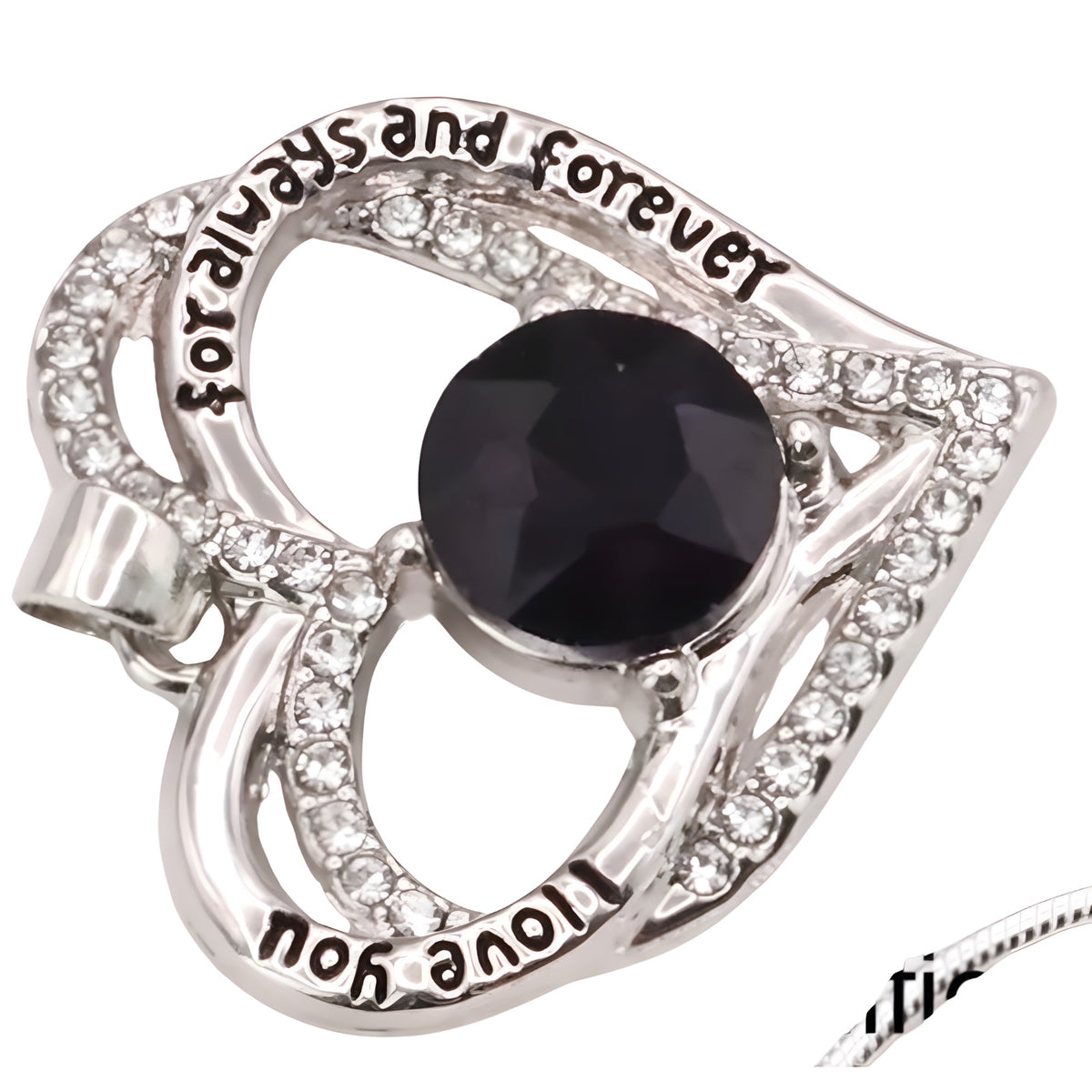 Rhodium-Plated Base Metal Link Chain Royal Purple Stone Engraved Love You B271