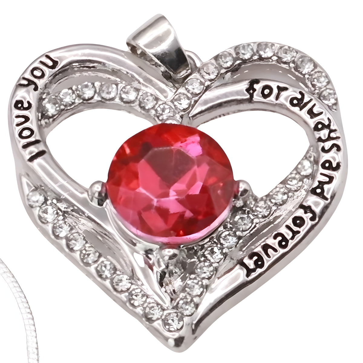 Garnet Ruby Red Zircon Heart Necklace For Women Rhodium-Plated Base Metal B274