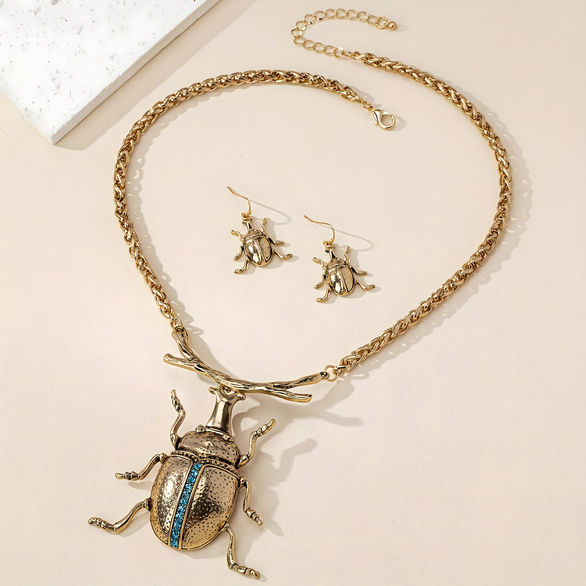 Gold Beetle Necklace and Earrings Set - Vintage Punk Insect Jewelry Zurcon 753
