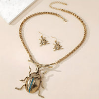 Gold Beetle Necklace and Earrings Set - Vintage Punk Insect Jewelry Zurcon 753