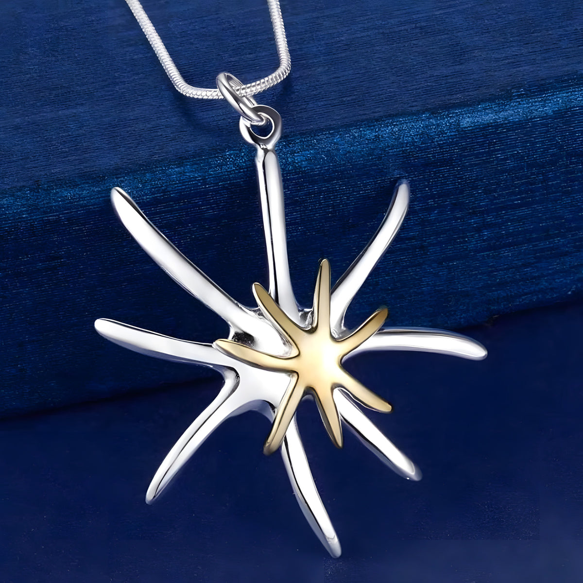 Two Tone Starburst Pendant Necklace with Silver Tone Snake Chain, Abstract 1878