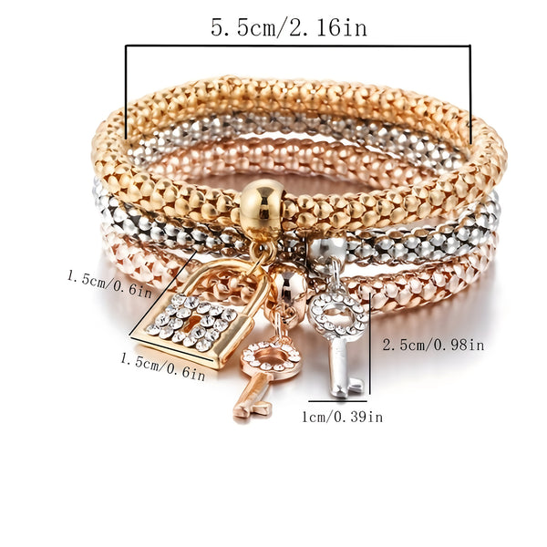 3-Piece Lock & Key Charm Bracelets for Women Trendy Popcorn Chain Multi-Tone 760