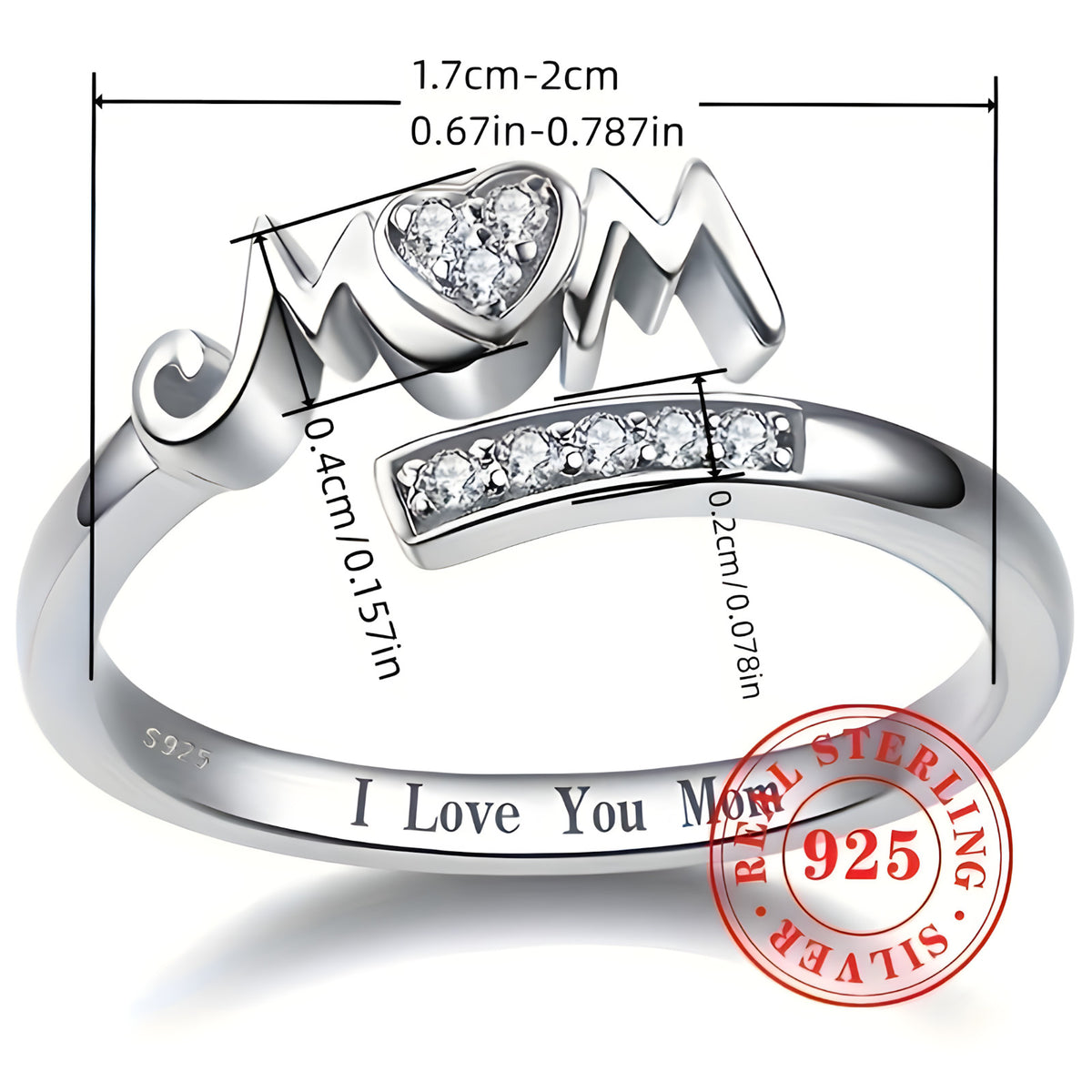 Sterling Silver 925 Adjustable Ring, "I Love You Mom" Jewelry Gift 531