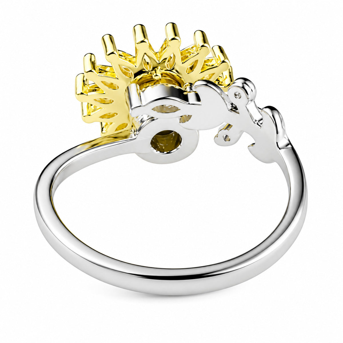 Sunflower Adjustable Open Ring Two Tone Floral Statement Ring with Yellow 1585