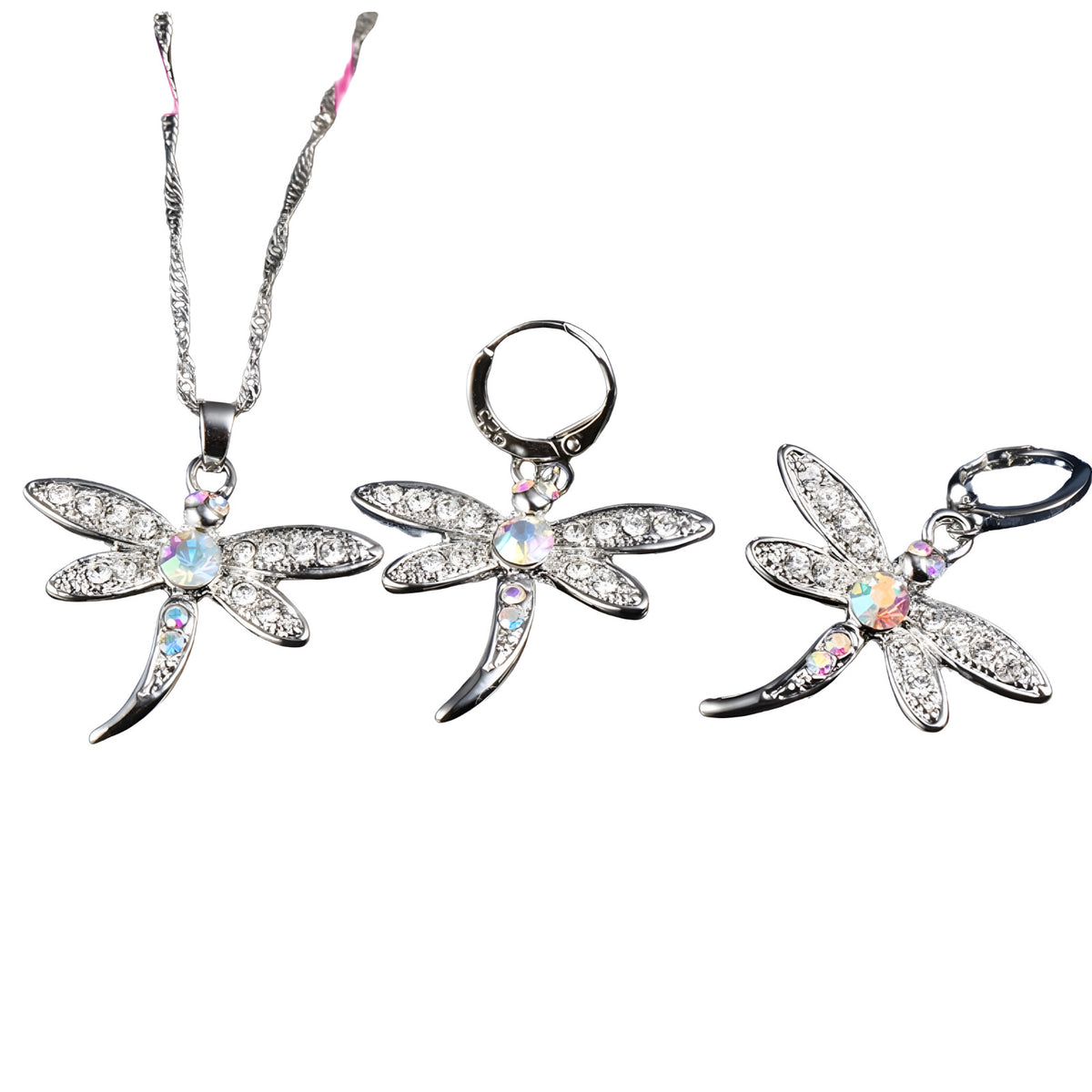 Cubic Zirconia 925 Sterling Silver Dragonfly Pendant Necklace Earrings Sets 534