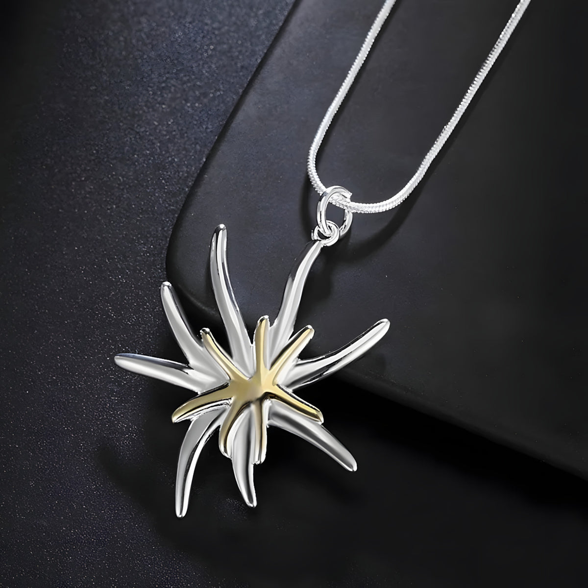Two Tone Starburst Pendant Necklace with Silver Tone Snake Chain, Abstract 1878