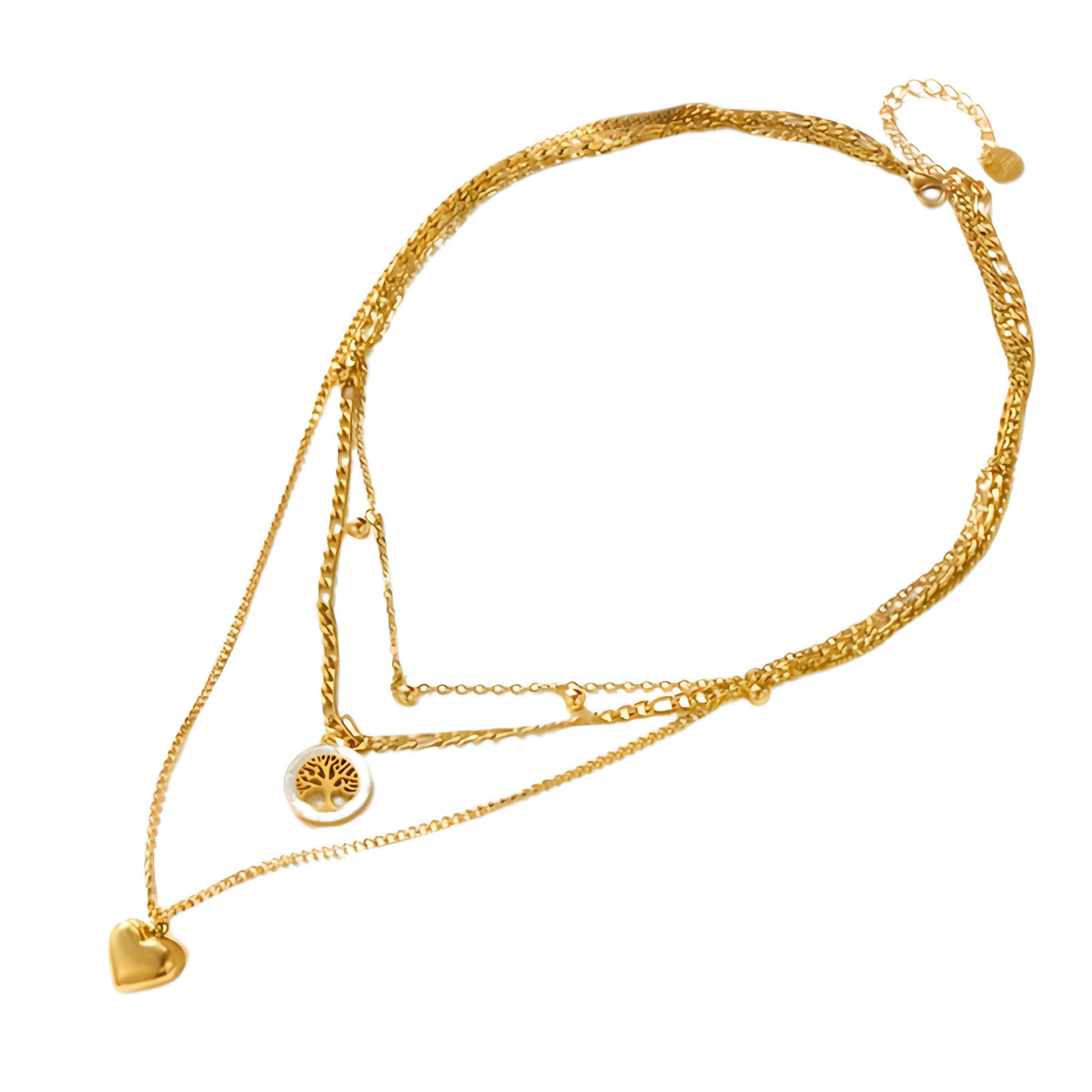 Gold Heart Tree of Life Layered Necklace for Women – Trendy Copper Metal 754