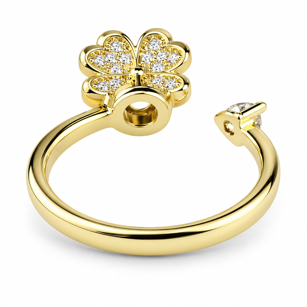 Four Leaf Clover Spinner Ring Rotatable Adjustable Open Ring Pave Zircon 1539