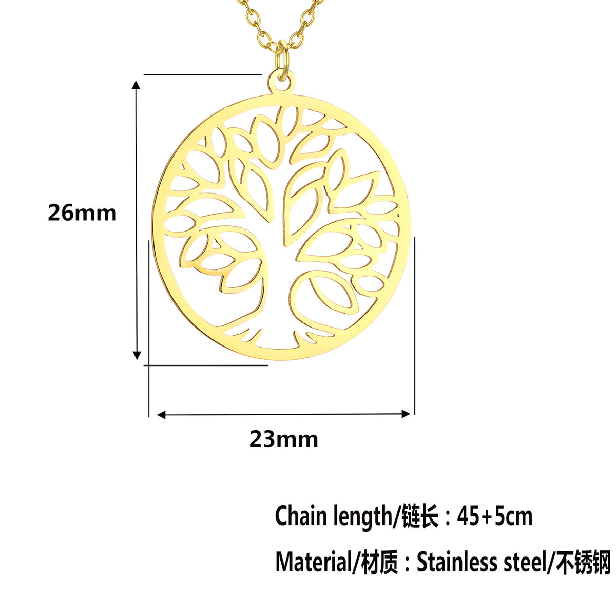 Tree of Life Necklace for Women – Gold Stainless Steel 26mm Round Pendant 1099