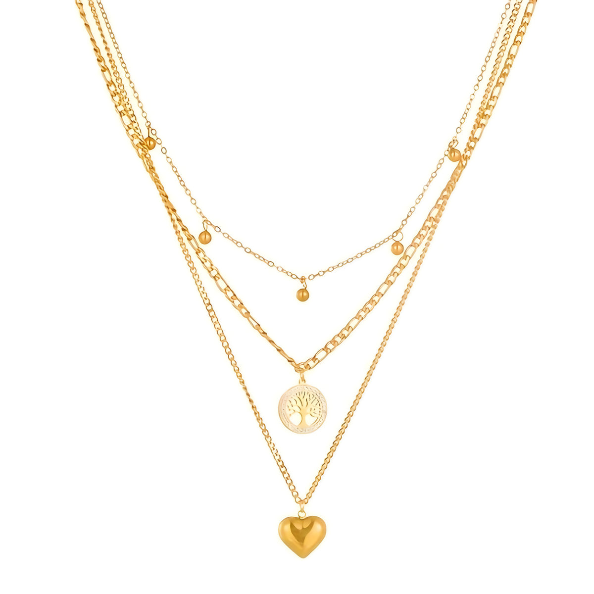 Gold Heart Tree of Life Layered Necklace for Women – Trendy Copper Metal 754