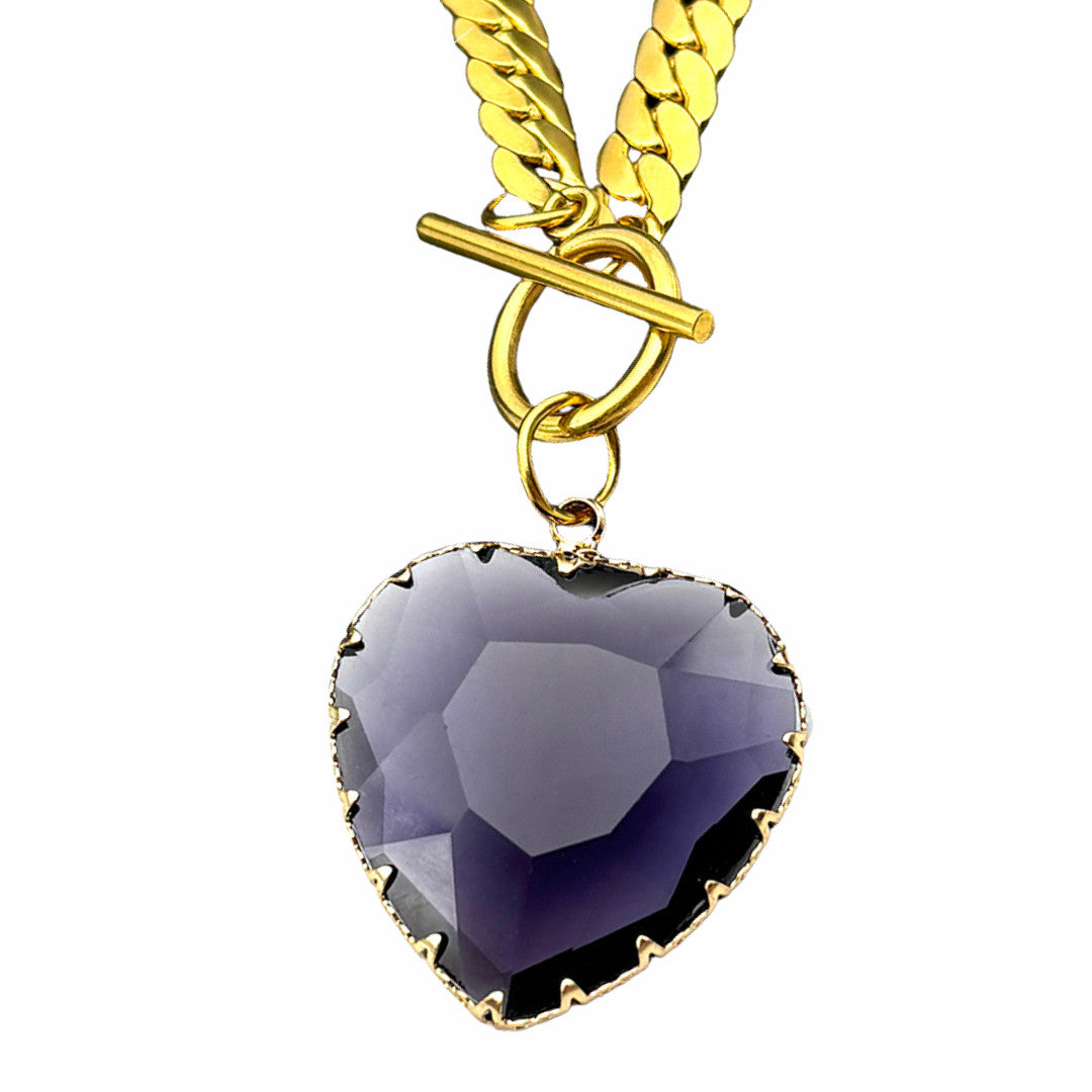 Purple Heart Pendant Necklace 40cm Statement Toggle Chain Clavicle Collar  1330