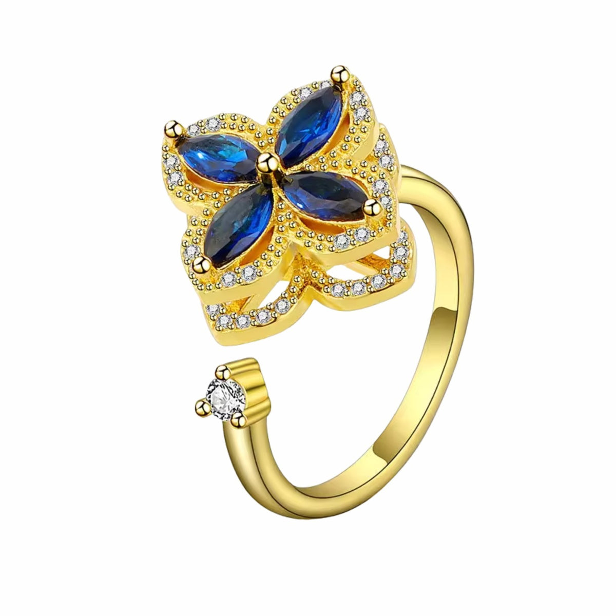 Rotatable Spin Ring Blue Flower Spinner Ring Adjustable Open Band Spinning 1557