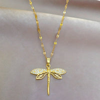 Gold Dragonfly Necklace for Women – Sparkling Crystal Insect Pendant on Zinc 755