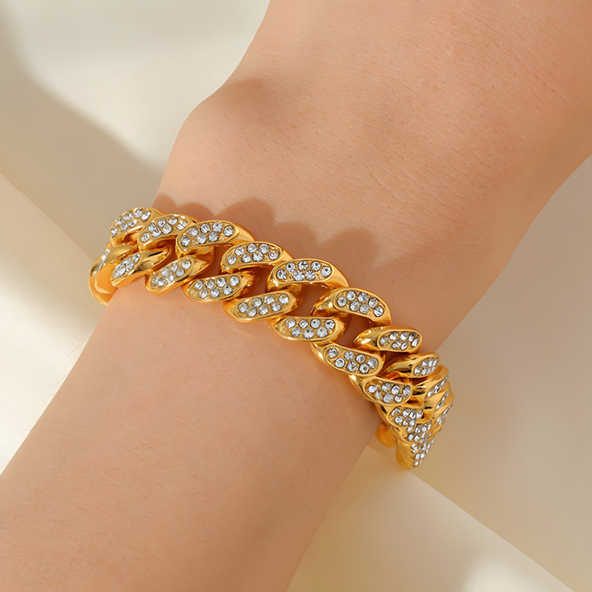 Gold Colour Cuban Link Bracelet For Women Men, Clear Rhinestone Pave Curb B329