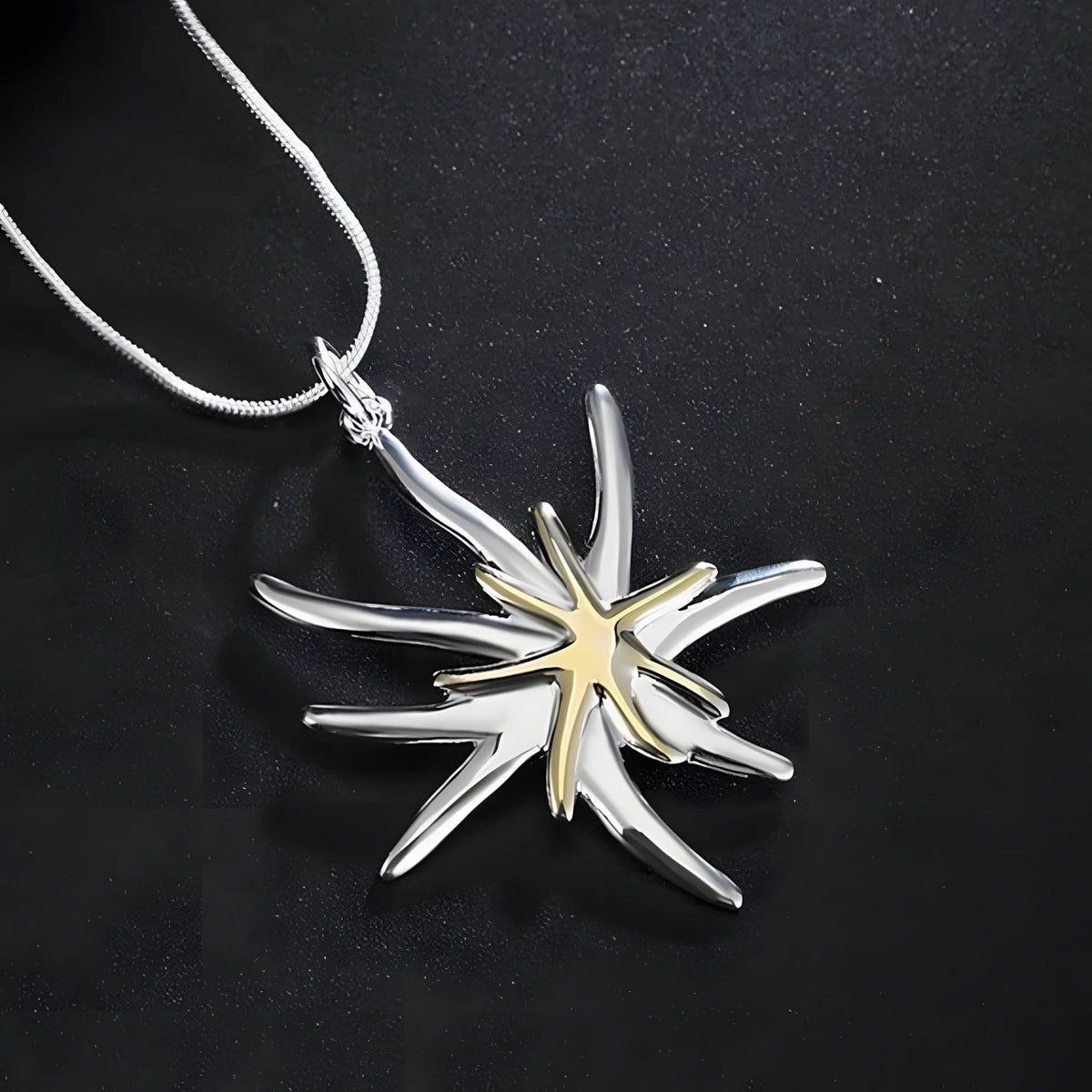 Two Tone Starburst Pendant Necklace with Silver Tone Snake Chain, Abstract 1878