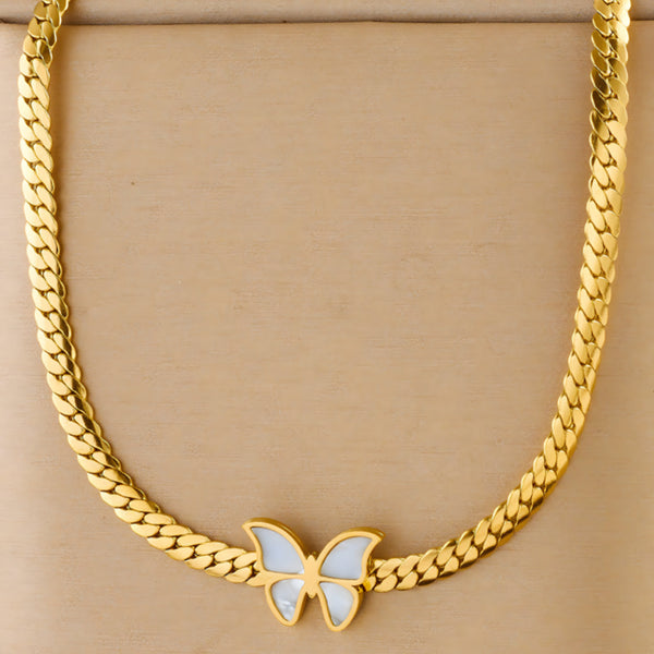 304 Stainless Steel Gold Butterfly Necklace for Women – Elegant White Enamel 756