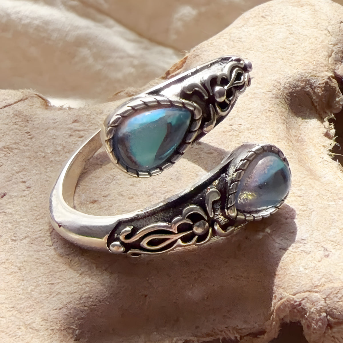 Adjustable Teardrop Blue Moonstone Effect Crystal Wrap Ring, Vintage Floral B349