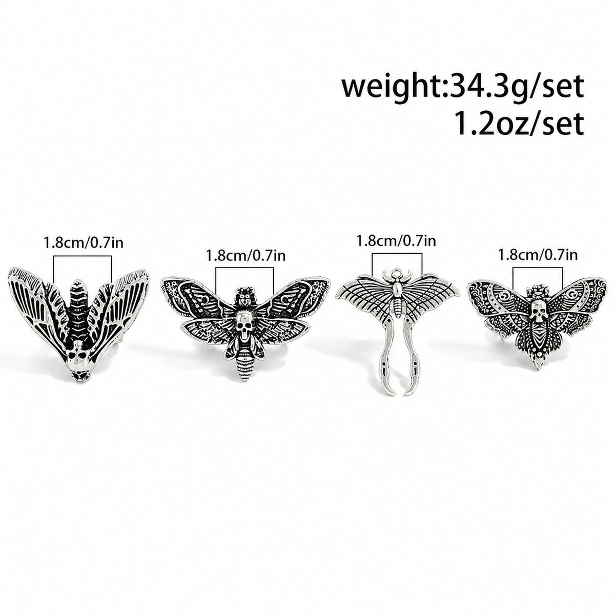 Unified Jewellery Premium 4pc Gothic Moth Skull Adjustable Ring Set 1861