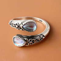 Adjustable Teardrop Blue Moonstone Effect Crystal Wrap Ring, Vintage Floral B349