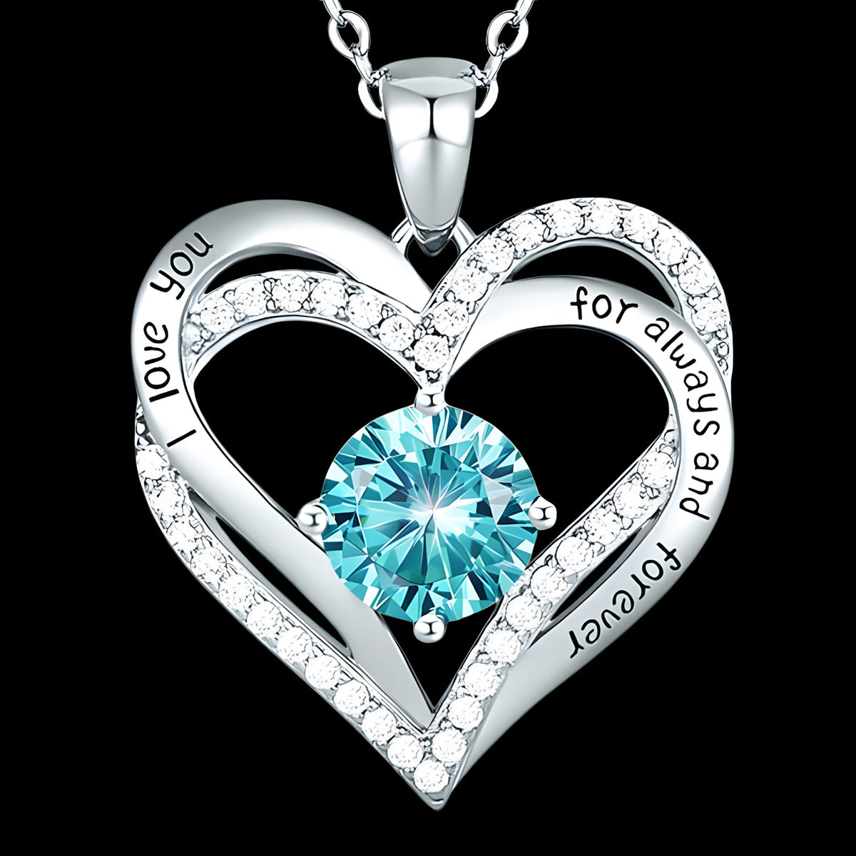 Love Heart Pendant Necklace For Women Rhodium-Plated Base Metal Aqua Blue B272