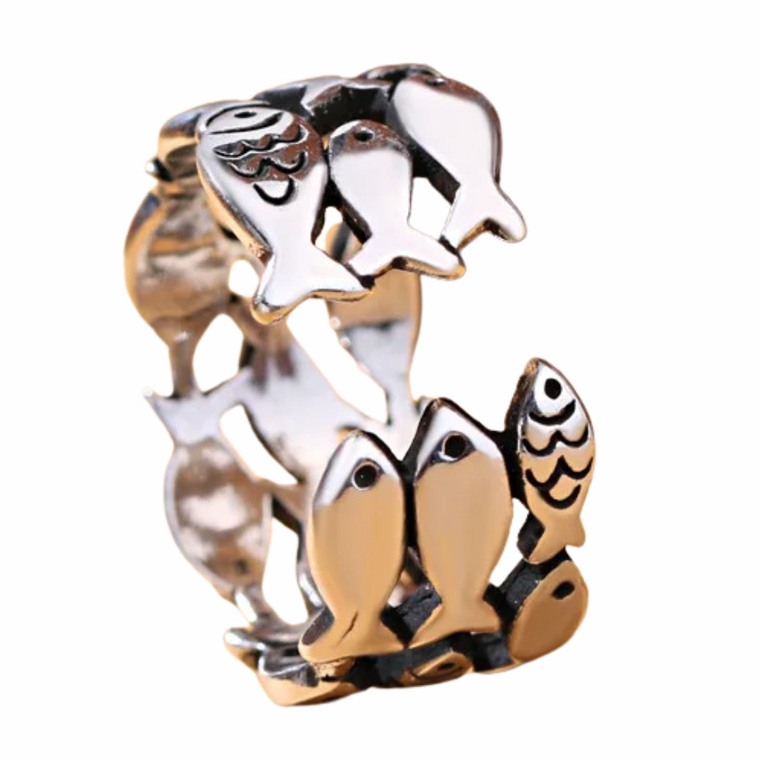 Adjustable Fish Ring For Women, Silver Colour Open Cuff Ring, Ocean Animal B348
