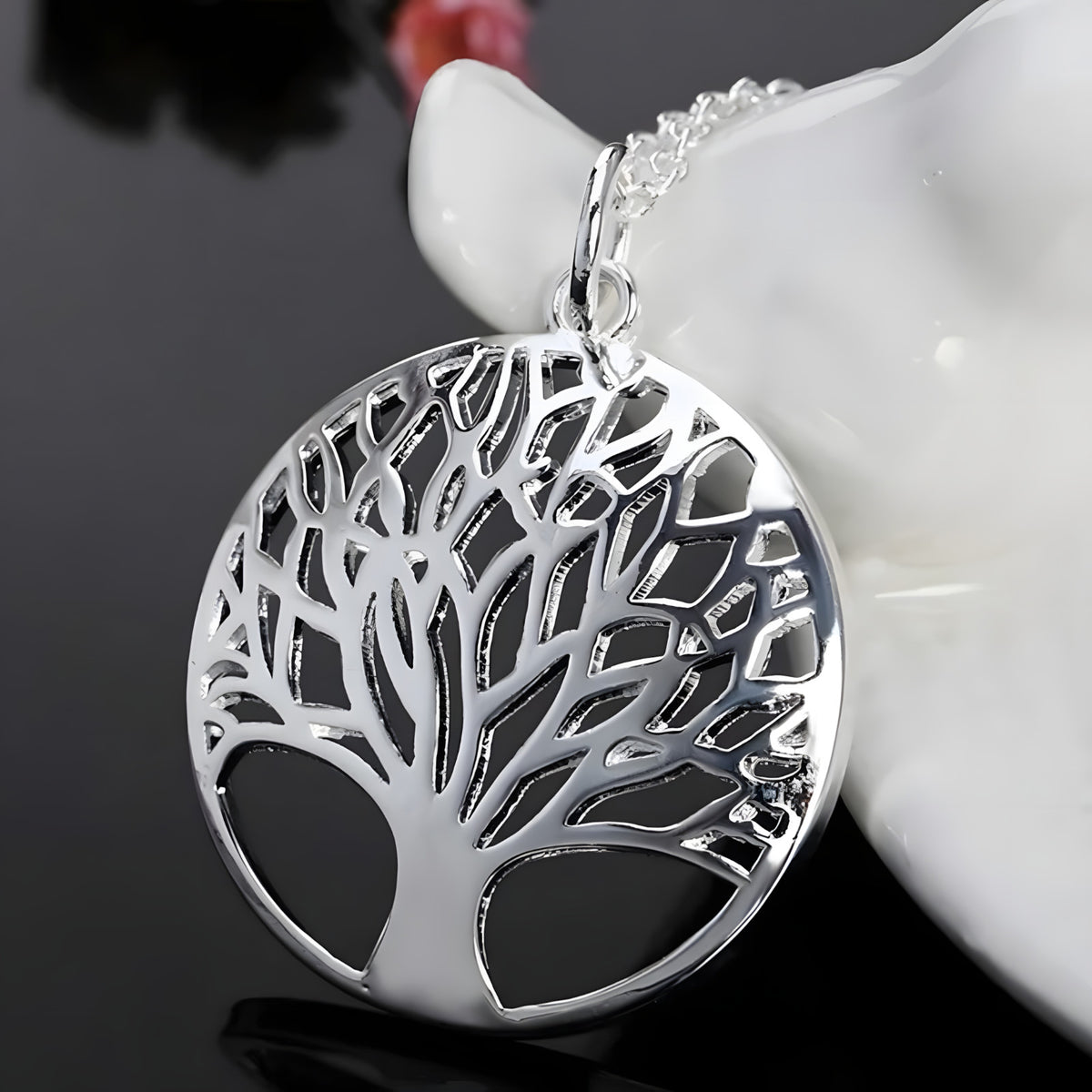Stainless Steel Tree of Life Necklace for Women – Silver Round Pendant 1100