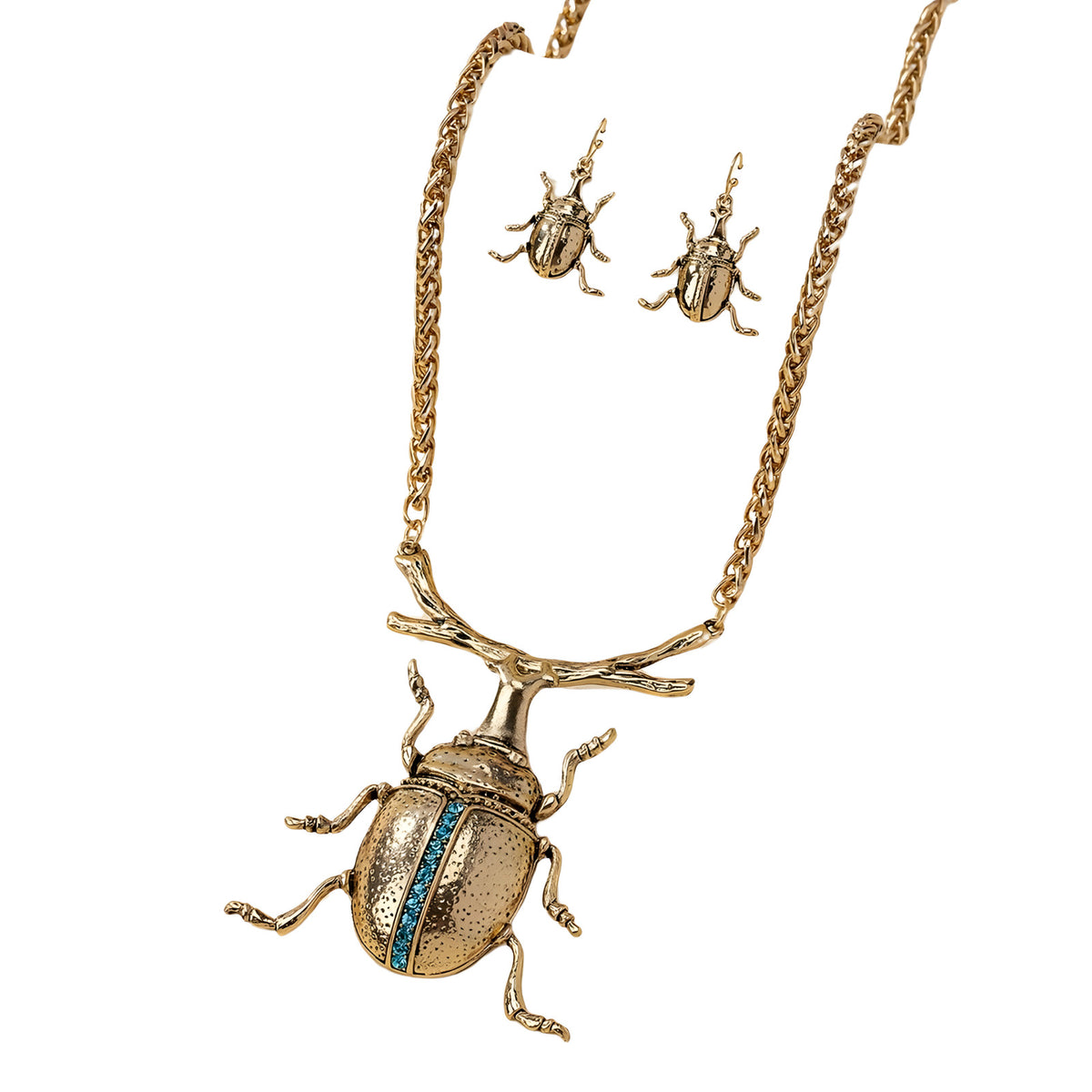 Gold Beetle Necklace and Earrings Set - Vintage Punk Insect Jewelry Zurcon 753