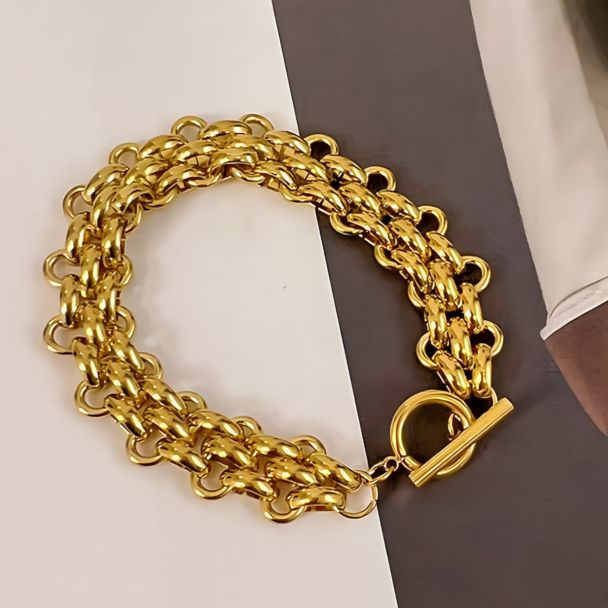 Gold Colour Chunky Chain Bracelet For Women, Luxury Woven Link Bracelet B332