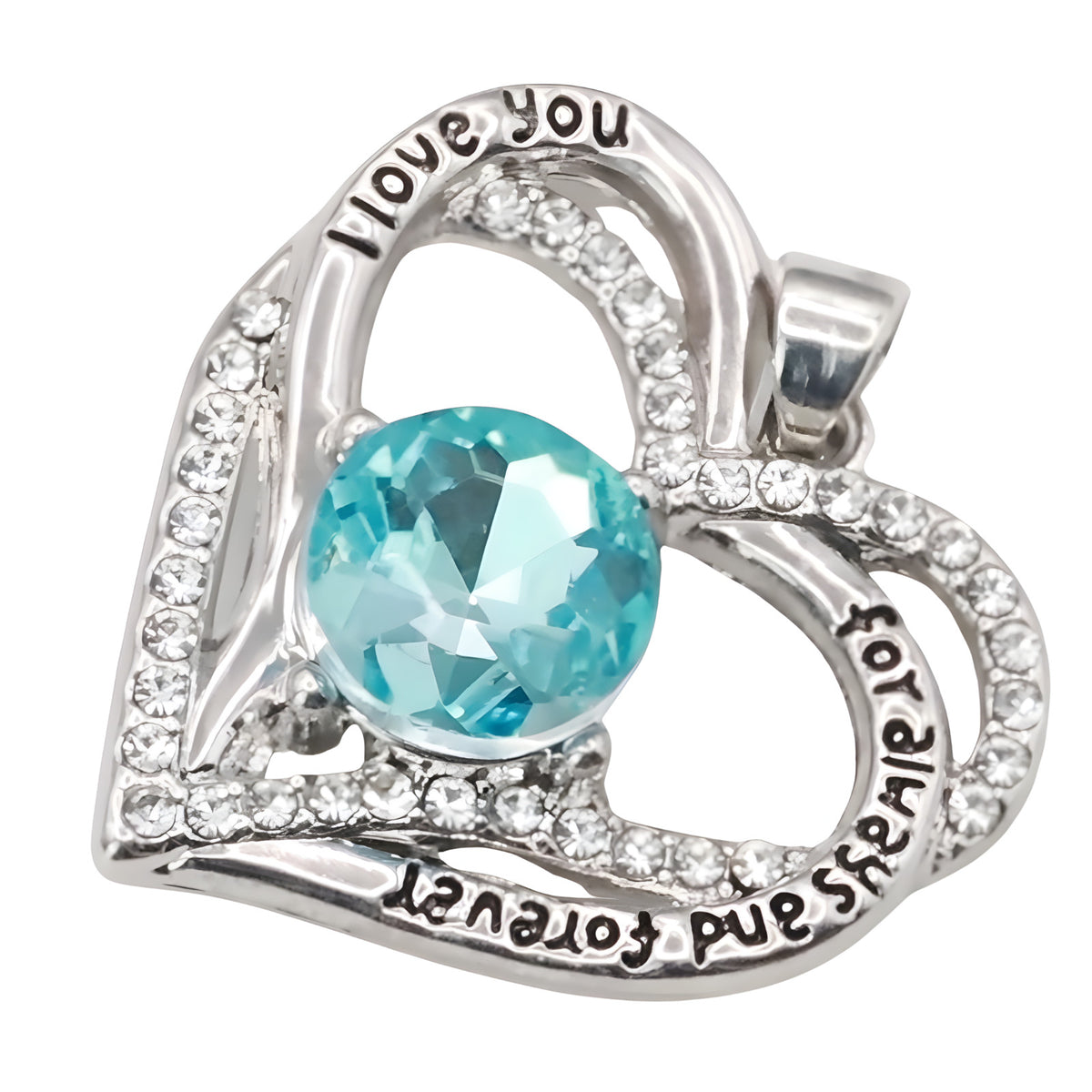 Love Heart Pendant Necklace For Women Rhodium-Plated Base Metal Aqua Blue B272