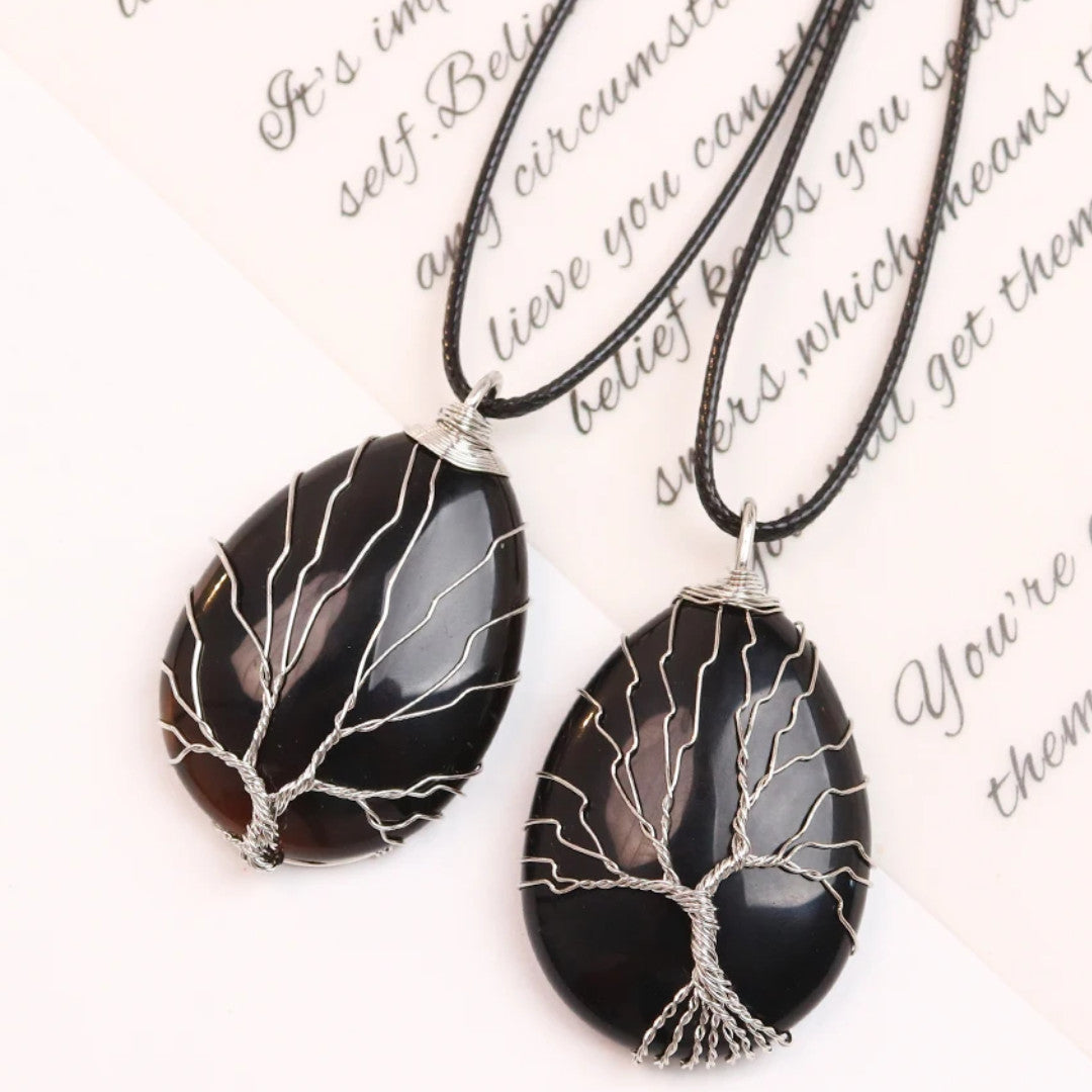 Tree Of Life Black Onyx Pendant Necklace Handmade Crystal Energy Healing 1332