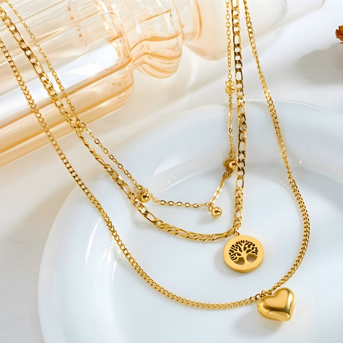 Gold Heart Tree of Life Layered Necklace for Women – Trendy Copper Metal 754