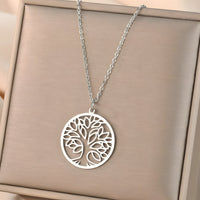 Tree of Life Necklace for Women Stainless Steel Round Pendant Link Chain 1098