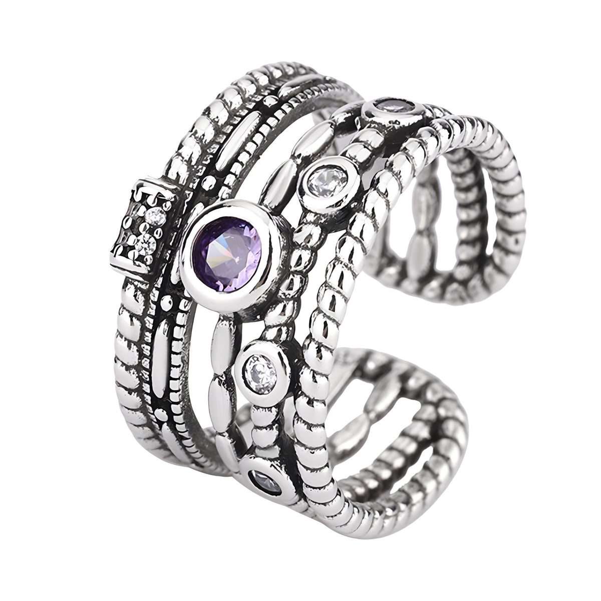 Adjustable Boho Ring For Women, Silver Colour Open Cuff Ring Purple Crystal B346
