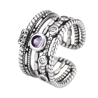 Adjustable Boho Ring For Women, Silver Colour Open Cuff Ring Purple Crystal B346