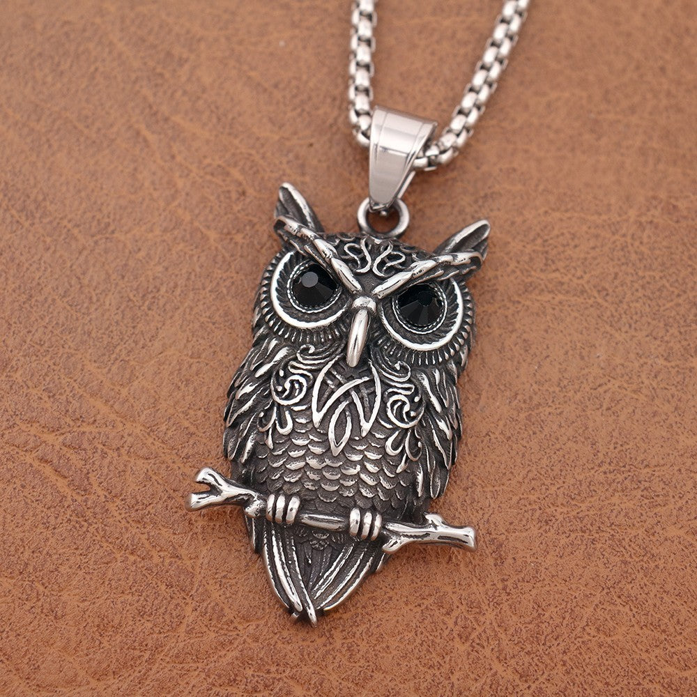 Owl Pendant Necklace with Black Crystal Eyes, 60cm Box Chain, 45mm Nordic 1879